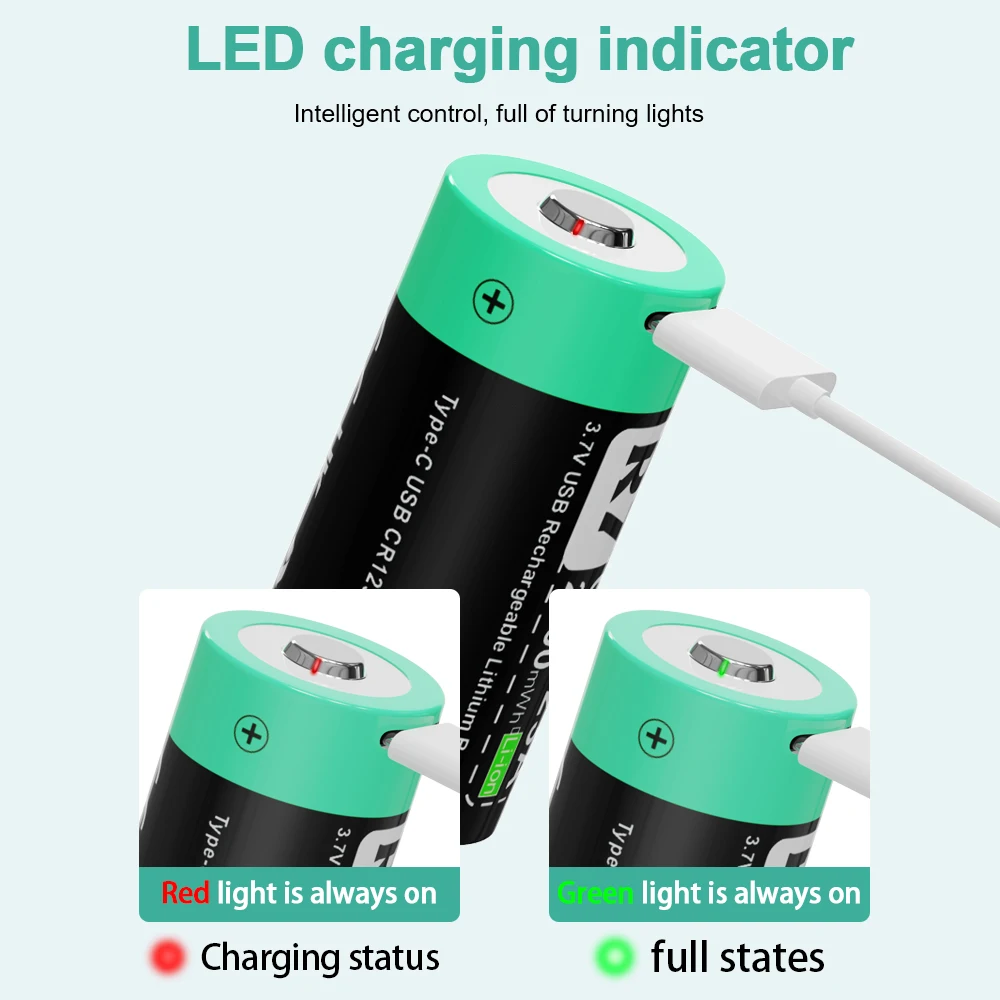 R7 CR123A 3.7V Li-ion Rechargeable Battery 2600mWh Type-C Charging For LED Flashlight Smoke Alarm Night Vision Camera