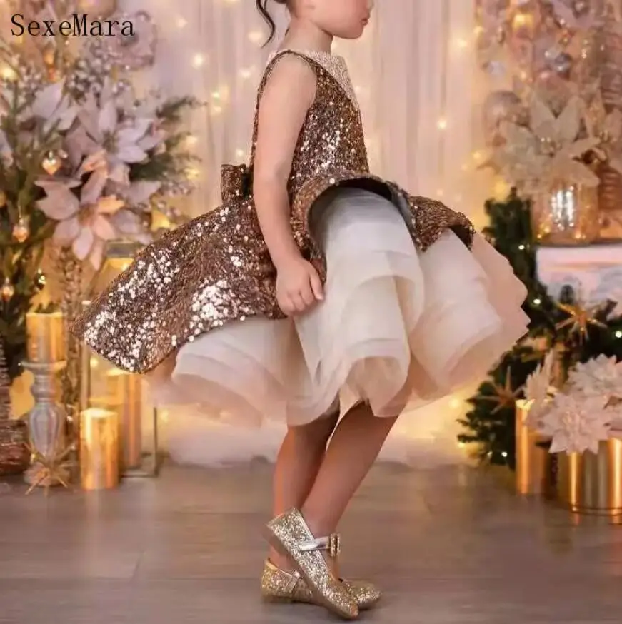 Cute Golden Sequined Top Baby Girl Dress Infant Tutu Dress Princess Birthday Party Gown New Year Kid Ceremony Dress