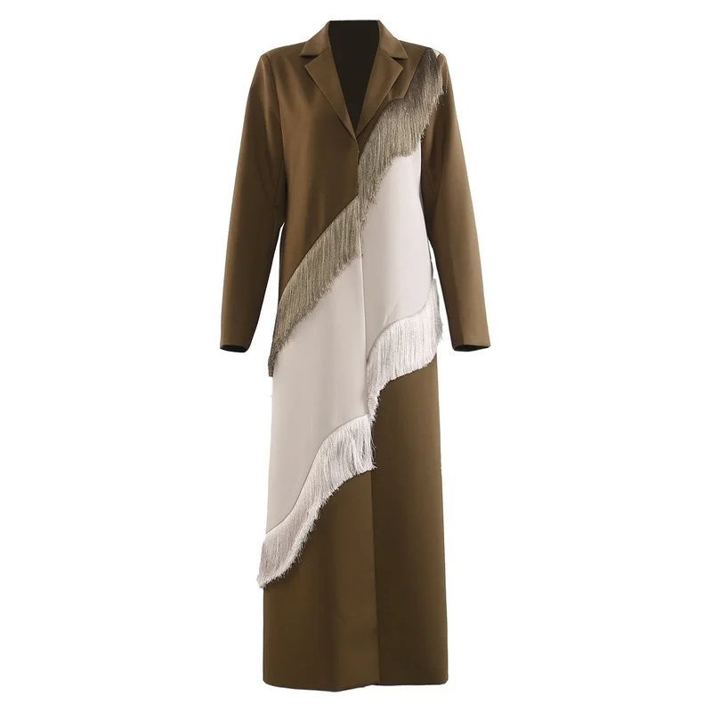 Women's Long Blazer Coat Tassel Fringe Color Block Patchwork Notched Lapel Long Sleeve Asymmetric Maxi Overcoat