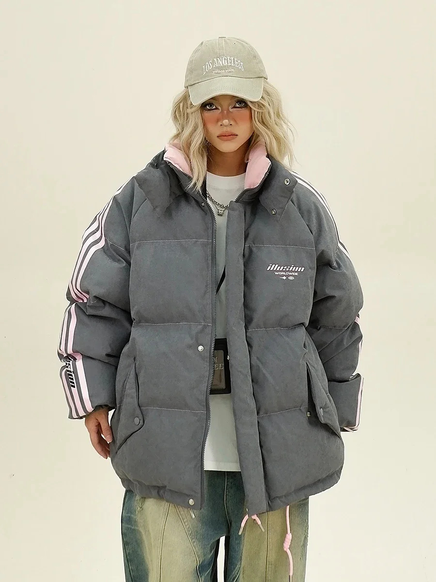 

Contrasting Striped Stand-up Collar Parkas Women's 2024 Winter New Loose Bf American Sweet and Cool Wind Thickened Coat