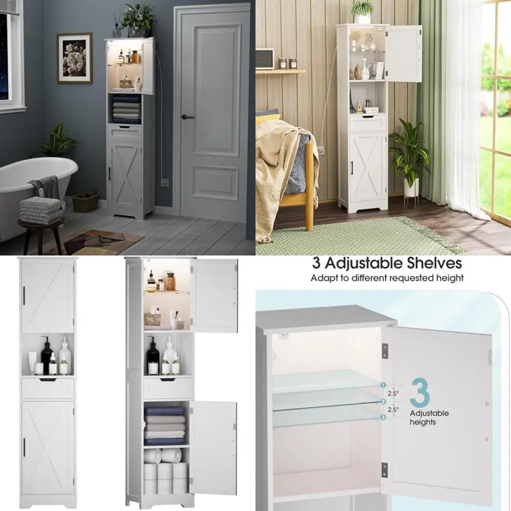

Freestanding Tall Bathroom Storage Cabinet with Light, 16 Wide Slim Cabinet Doors and Drawers for Space-Saving Solutions