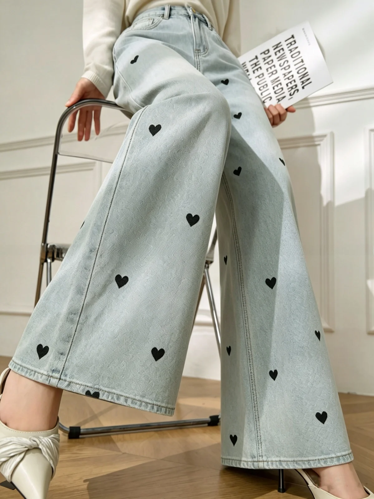 

High Waist Wide Leg Denim Jeans Lulu Love Embroidery Loose Floor Length Pants Slimming Drapey Straight Leg Trousers