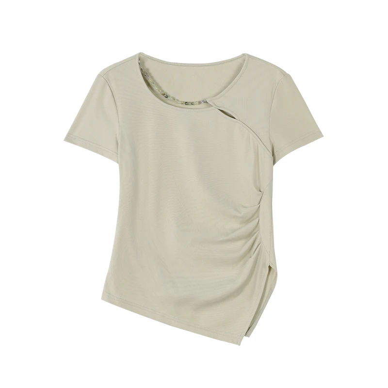 ALXNAN dames T-shirt lichtgroen slim fit katoen korte mouw T-shirt 2025, zomer nieuwe elegante kralen ontwerp vrouwelijke tops L53719