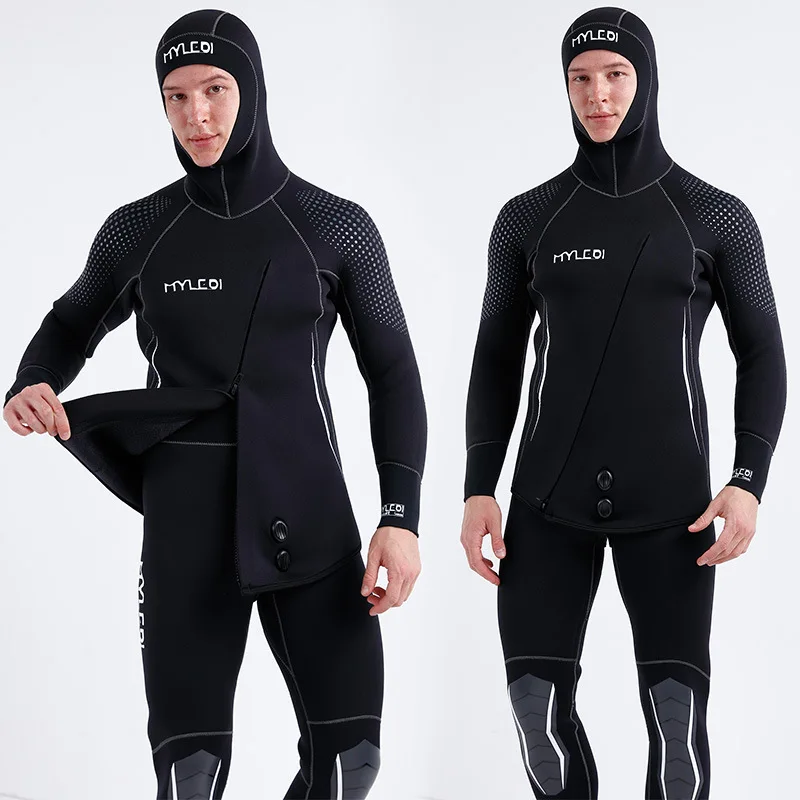 MYLEDIKeep Warm5mmDiving Suit Men Split Front Zipper Hooded Cold-Proof Suit Diving Surfing Suit