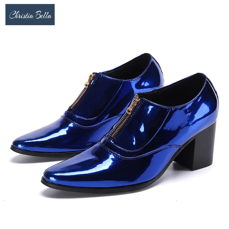 New Fashion Blue Patent Leather Men Formal Dress Shoes Big Size High Heel Party Man Shoes Club Jazz Dancer Thick Heel Ankle Boot