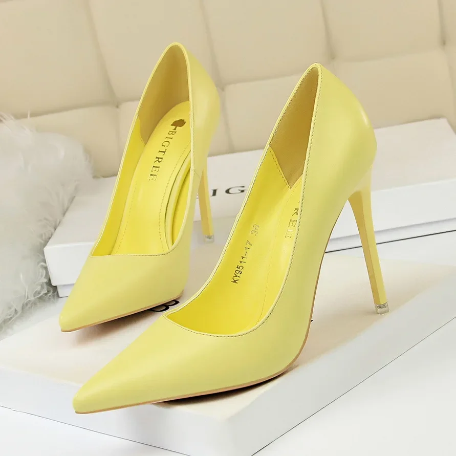 BIGTREE Shoes Elegant Women Pumps Novelty Pointed Toe PU 10CM Thin Heels Mature Office Career Women Shoes Yellow