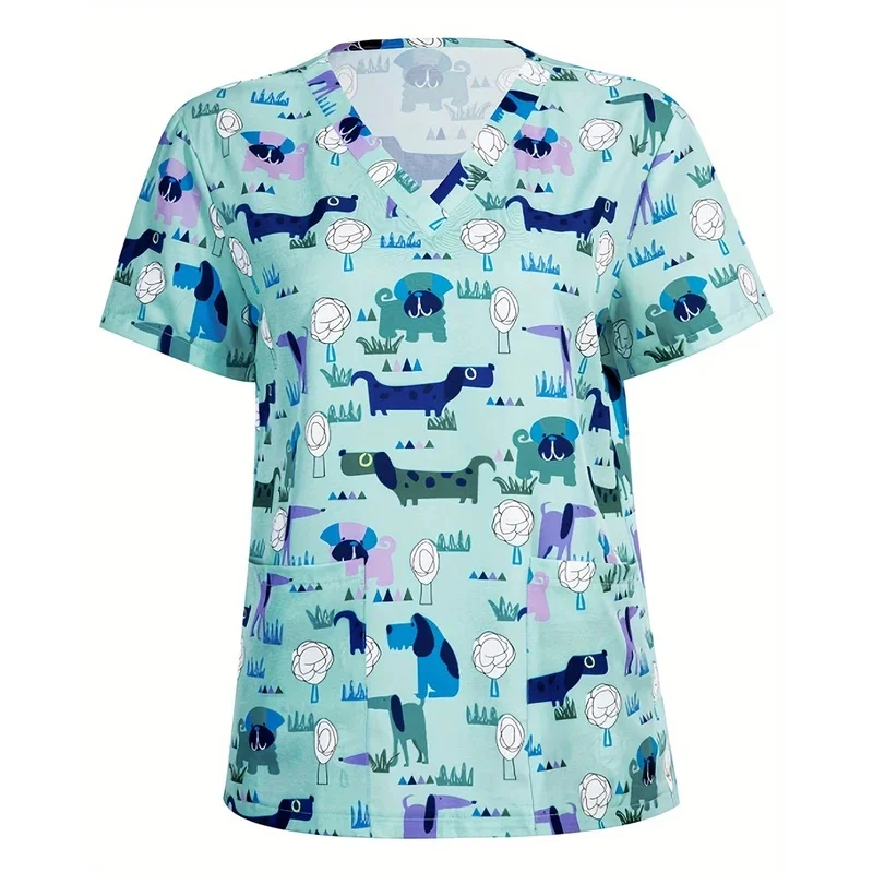 Cartoon print medical short-sleeve shirtTWomen's slightly stretchy shirtVCollared dental nurse uniform for clinical work