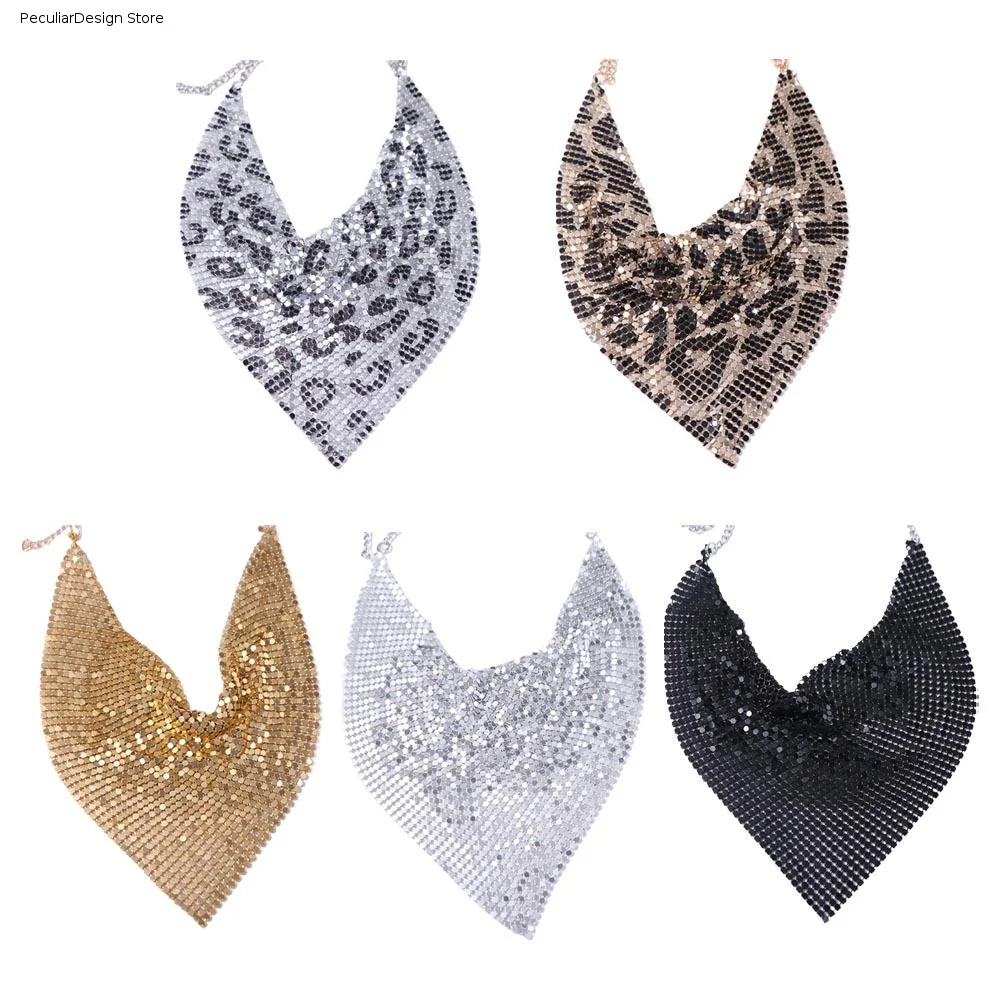 Vintage Metal Triangular Scarf Chain Choker Glittering Leopard Print Necklace Sequin Aesthetic Detachable Collar Girls