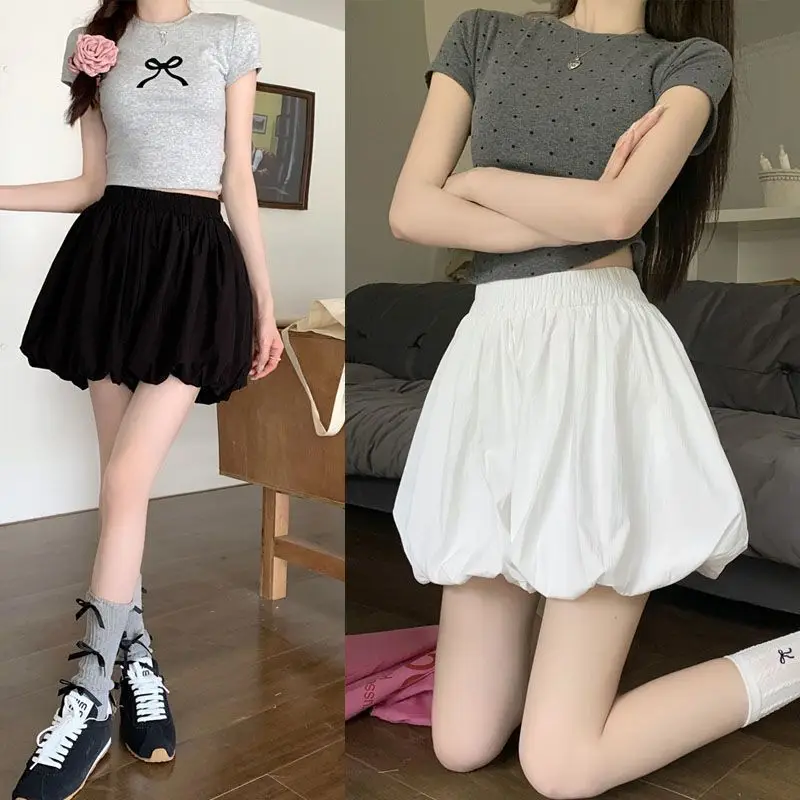 Shorts Women Mini Bloomers Cleanfit Pleated Preppy Style Baggy A-line Casual Elastic Waist All-match Gentle Sweet Girls Ulzzang