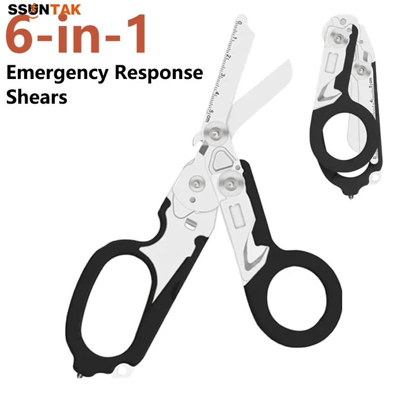 

SSUNTAK 6in1 Emergency Response Shear-Foldable Tactical Scissor with Window Breaker,Seat Belt Cutter for First Aid,Survival Tool