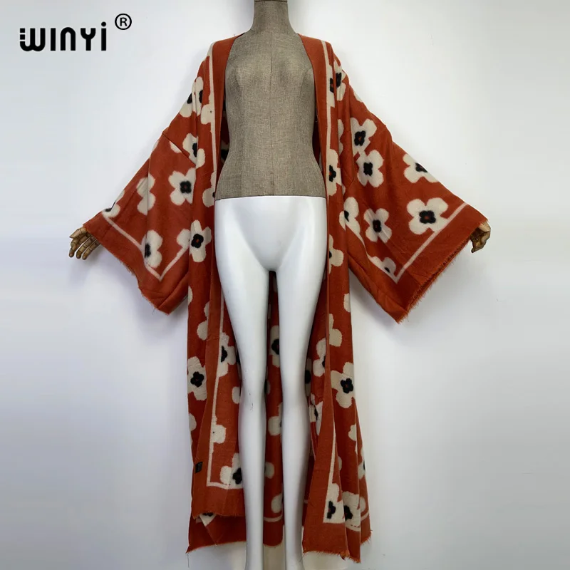 2023 WINYI winter Women elegant Vintage printing loose Dress Full Sleeve Casual warm Thick Warm Female Christmas Coats KIMONO