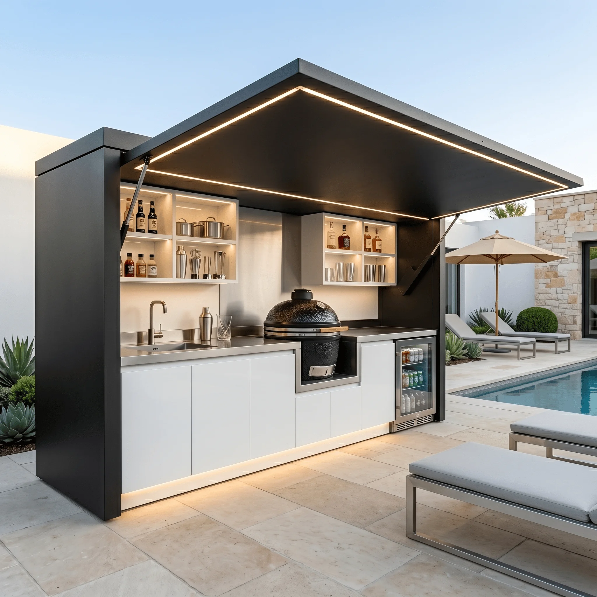 Weatherproof Outdoor Kitchen Pod Prefab BBQ Station Stainless Steel Cabinets for Garden Terrace Resort and Commercial Dining
