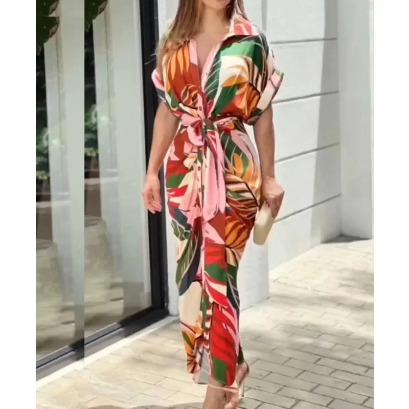 2024 Women Lapel Tie Leaf Print Midi Dress Short Sleeve Tie Long Skirt Sexy Party Dresses Elegant High Streetwear Office Lady