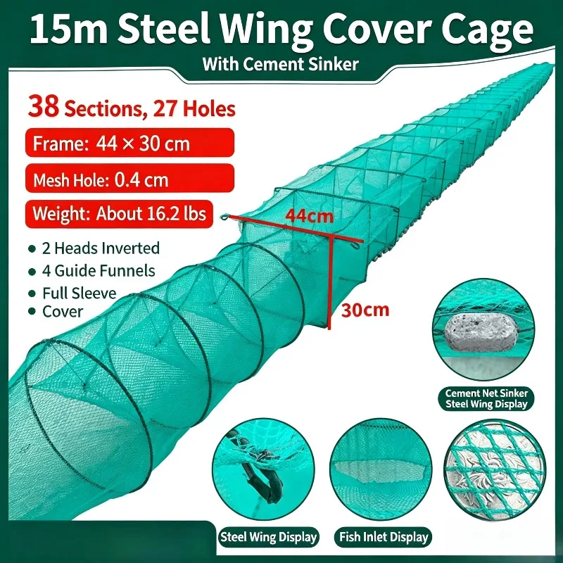 Square Mesh Cover Trap with Bamboo & Steel Wire Wing Design Fishing Tackle Shrimp Crab Crayfish Fine Mesh Net Cage