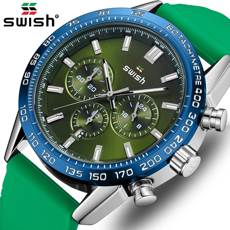 

SWISH Black Sports Chronograph Quartz Male Wristwatch Auto Date Fixed Bezel Rubber Band 24 Hours Multifunctional Dial Steel