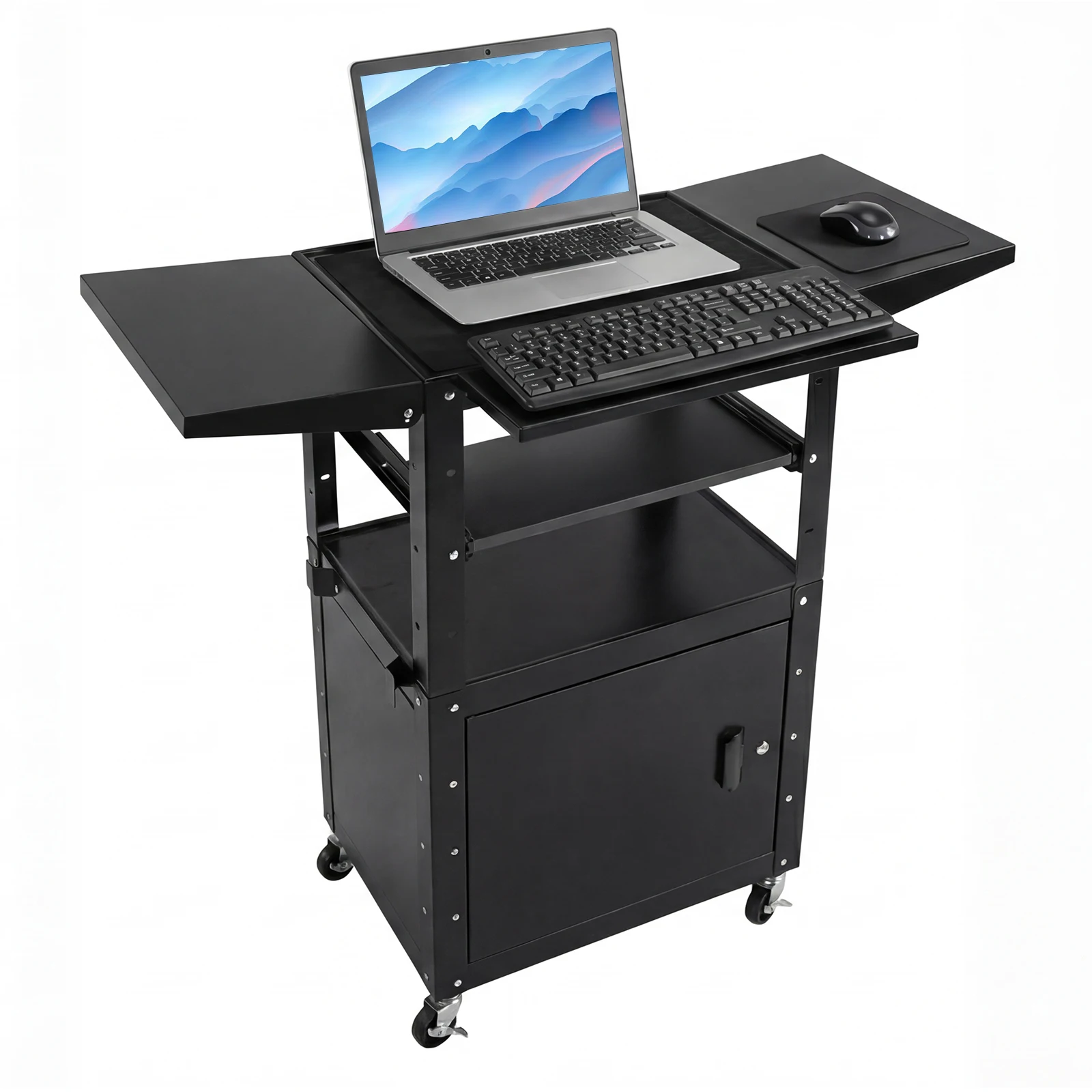 

Мобильная тележка для презентаций с выдвижным ящиком для клавиатуры и запирающимся шкафчиком, регулируемая по высоте (36-44 дюйма), выдерживает нагрузку до 110 фунтов.