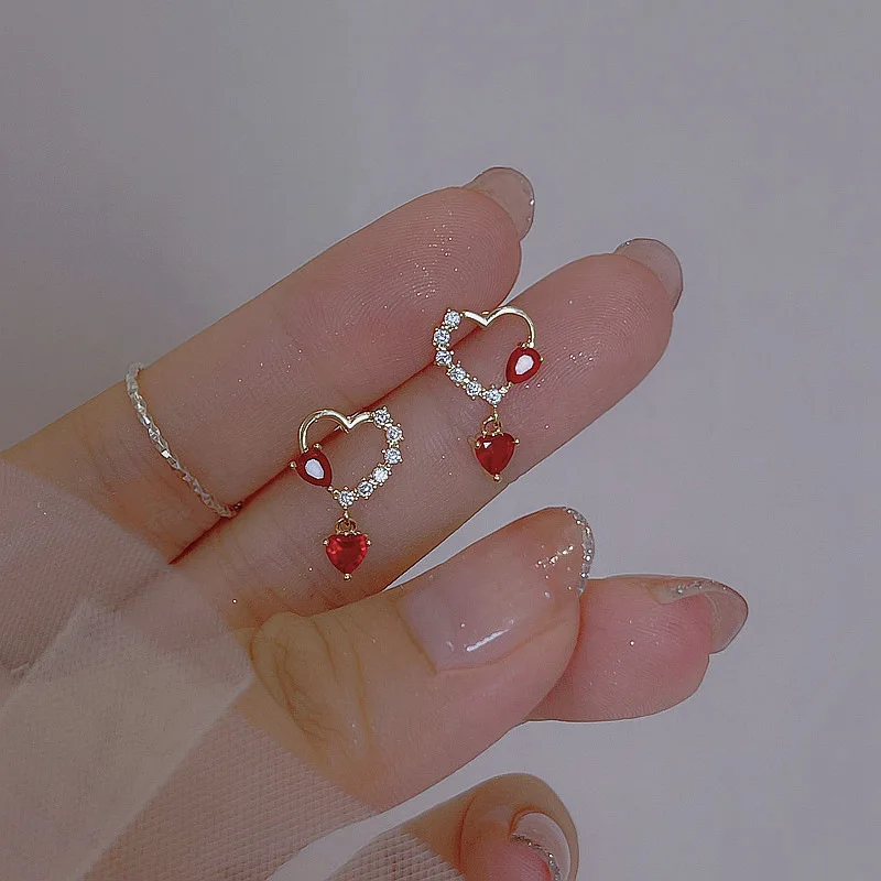 2023 New Fashion Sweet Heart Red Drop Earrings for Women Korean Crystal Long Chain Tassel Earrings Party Wedding Jewelry Brincos