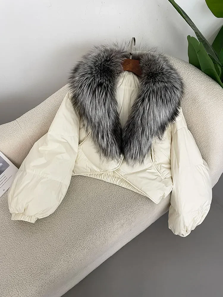2025 겨울 숏 아우터웨어 스트리트웨어 루즈 캐주얼 재킷 여성용 리얼 폭스 라쿤 퍼 칼라 내추럴 두꺼운 따뜻한 덕다운 코트