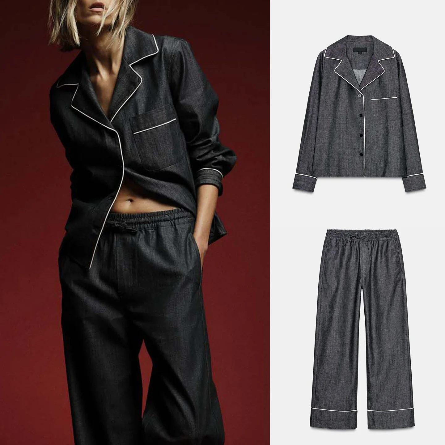 Dames denim irt met opstaande kraag lange Sve en kleur Blo broek faionable casual outfit tweedelige set herfstkleding