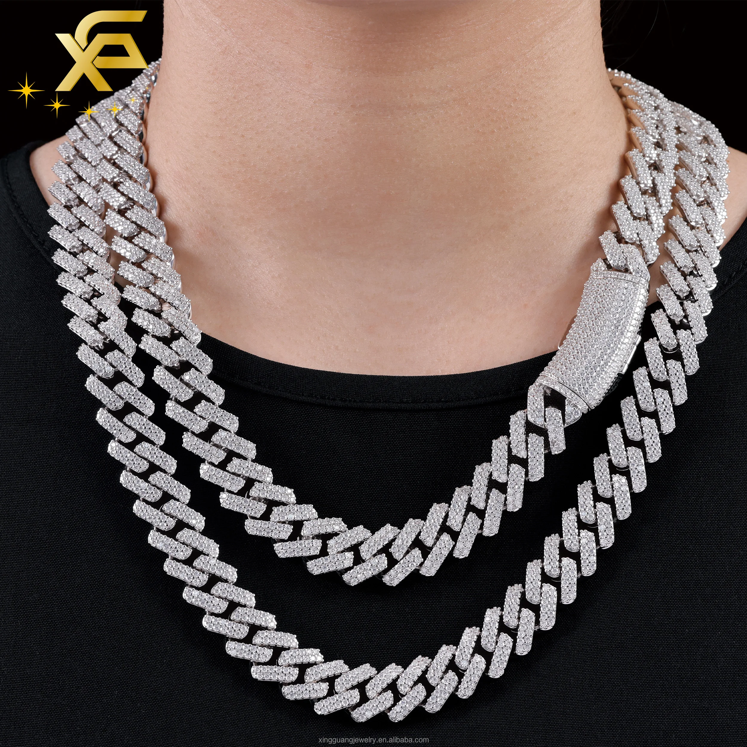 New Bend Arrival Buckle 14MM 2Rows Pass Diamond Test Moissanite 925 Silver Cuban Link Chain Hip Hop Necklace White Gold Plated..