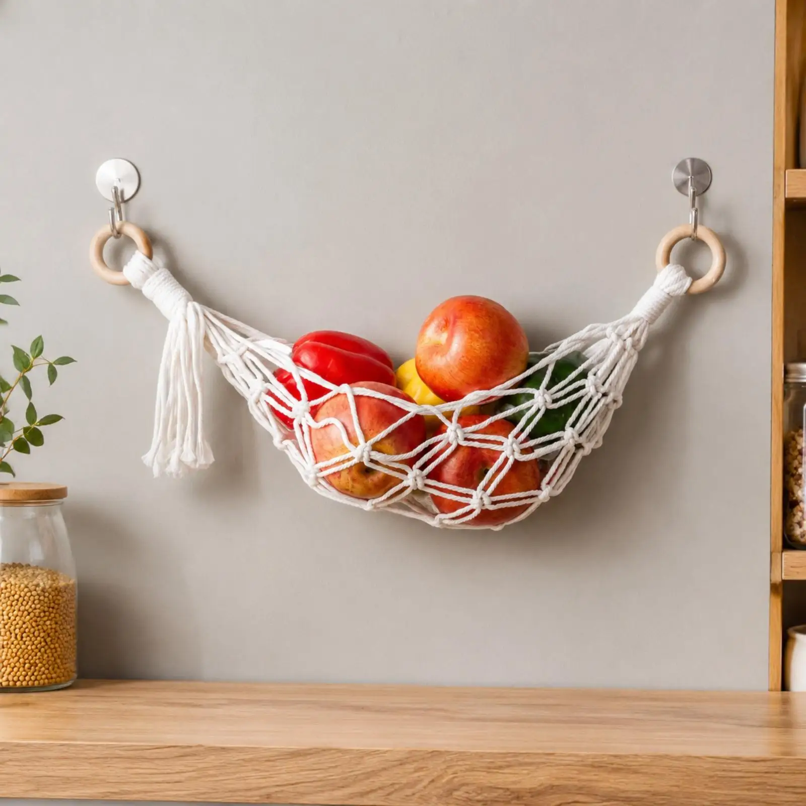 Hand-Woven Hanging Storage Basket Handmade Cord Hanging Basket with Knotted Latticework Handwoven for Compact Kitchens, Utility