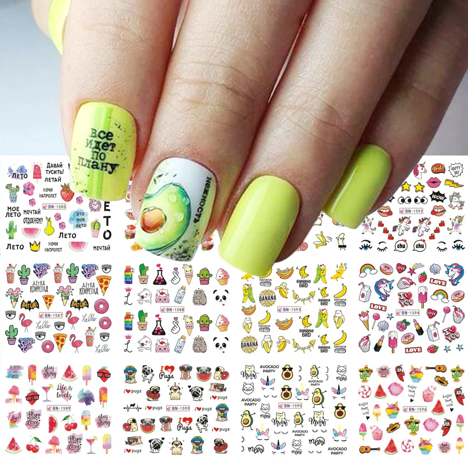 12Design Stickers for Nails Kawaii Cartoon Avocado Nail Sliders Cute Corgi Water Decals Sketchbook Manicure Decor LABN1585-1596