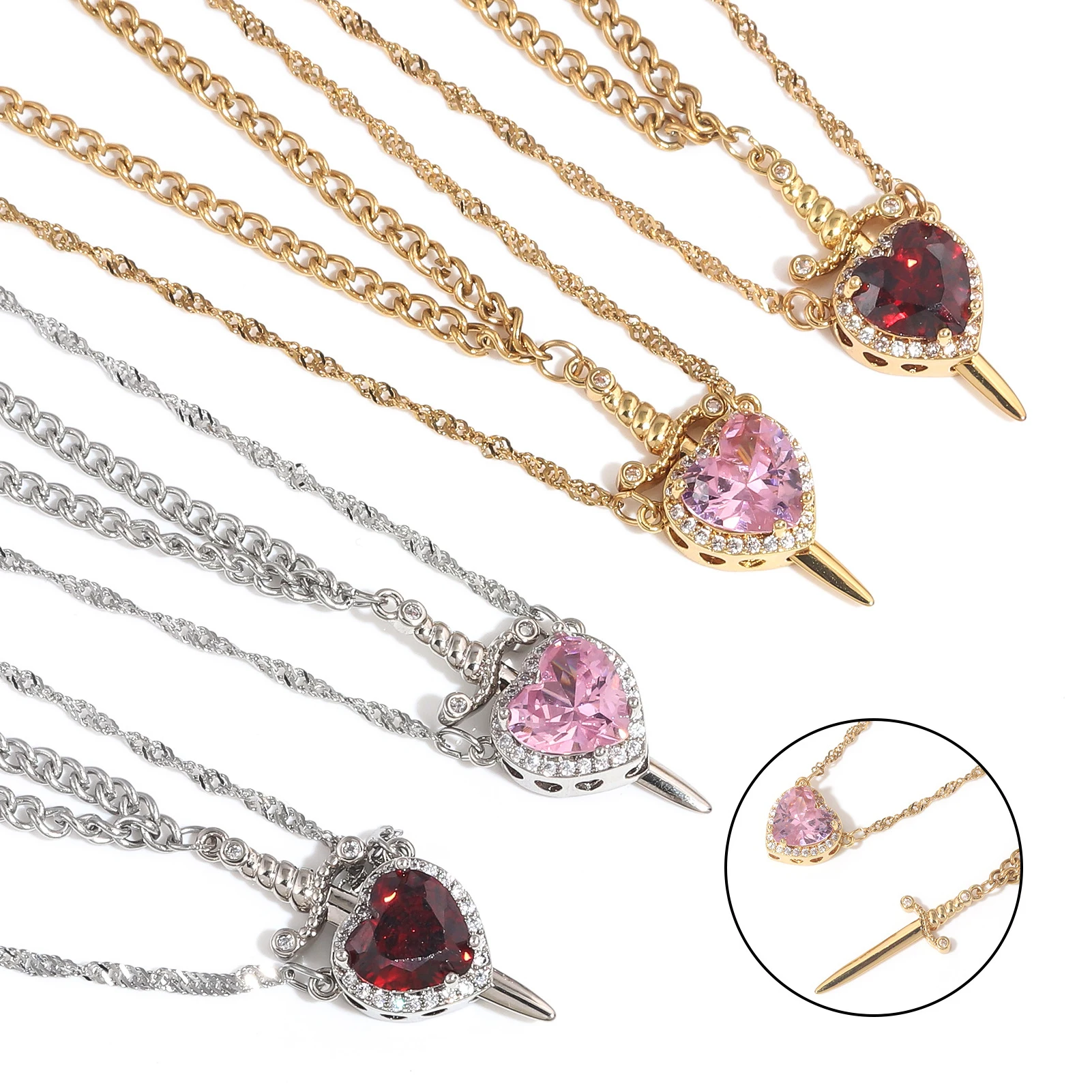 2pcs Can Be Assembled Heart and Sword Zircon Pendant Necklace for Women Men Couple Silver Gold Plated Choker Chain Jewelry