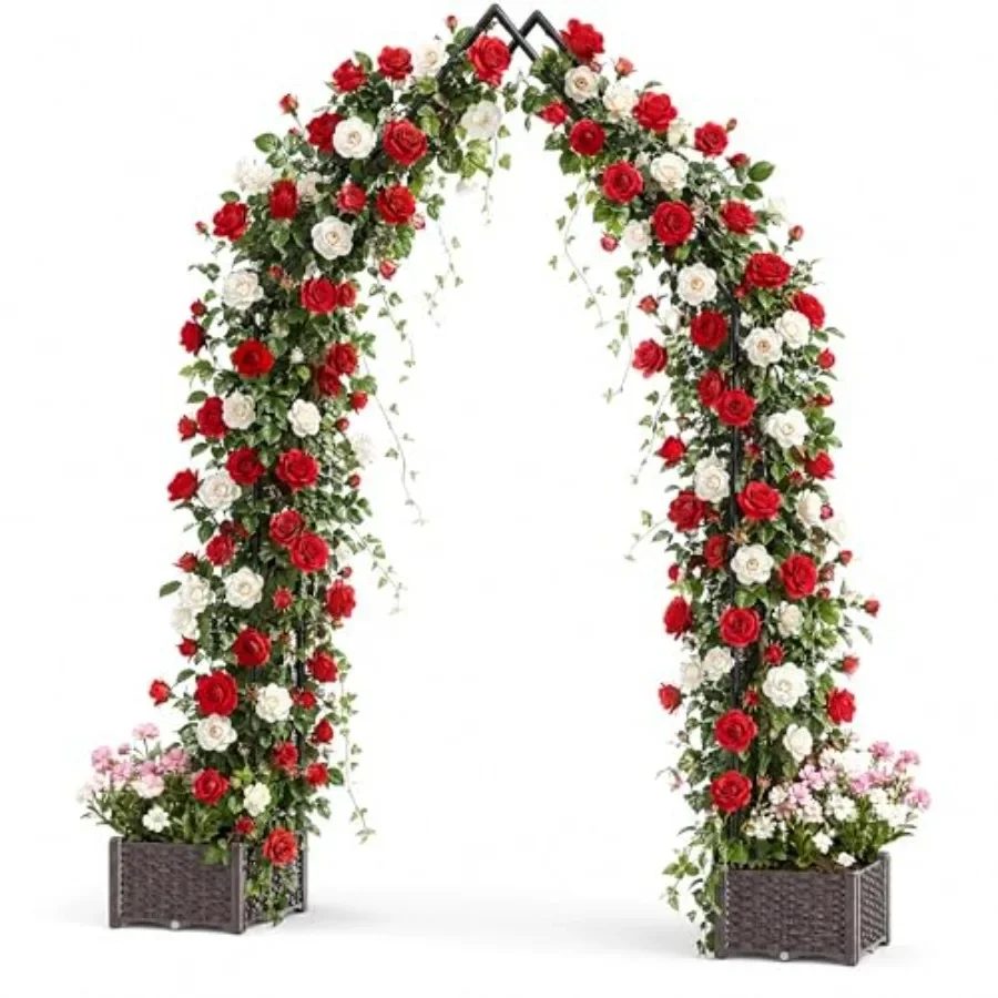 Garden Arbor Trellis with Planter Boxes, 94 Inch Black Weather-Resistant Metal Arch for Outdoor Climbing Vines, Roses, Wedding