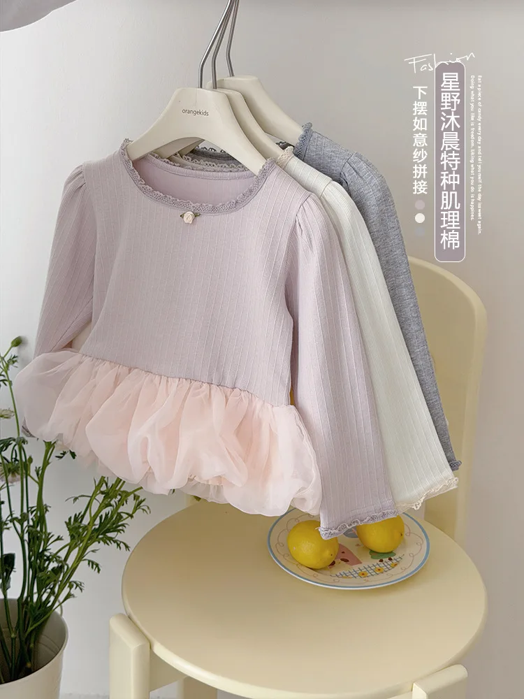 

Новая весенняя хлопковая футболка для девочек 2026 года с тюлевыми вставками и цветочным краем, с длинным рукавом, приятная к коже, для малышей и детей