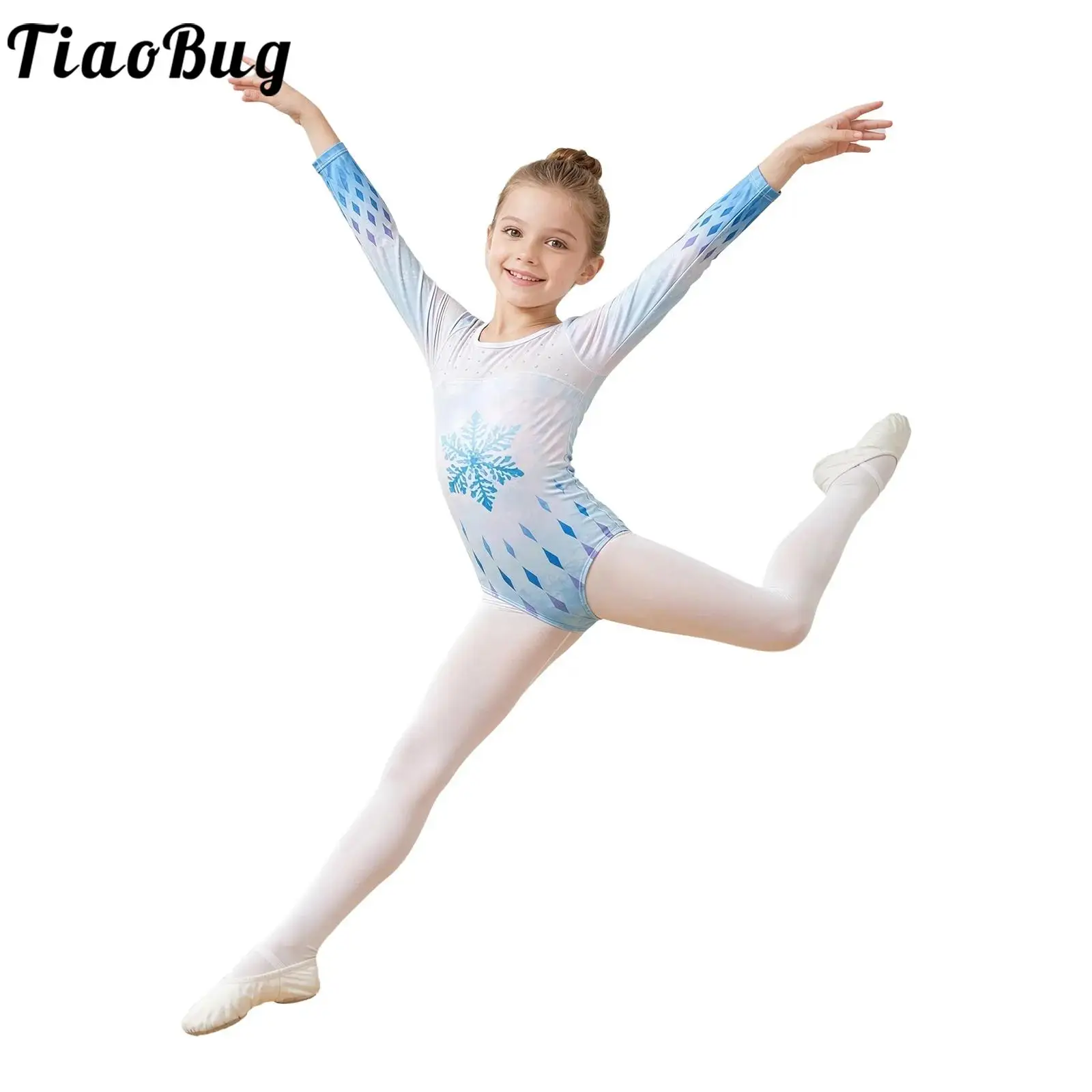 Kid Girls Gymnastics Leotard Ballet Jersey Dance Skating Costume Rhinestone Mesh Metallic Snowflake Pattern Long Sleeve Bodysuit