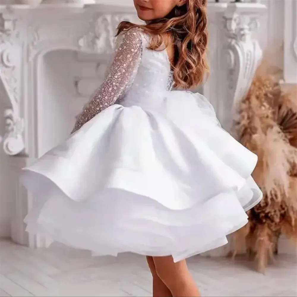 

Customized Sequins Flower Girl Dress Full Sleeves with Bow Tiered Puffy Baby Girls Birthday Party Dress Kids Holy Communion Gown