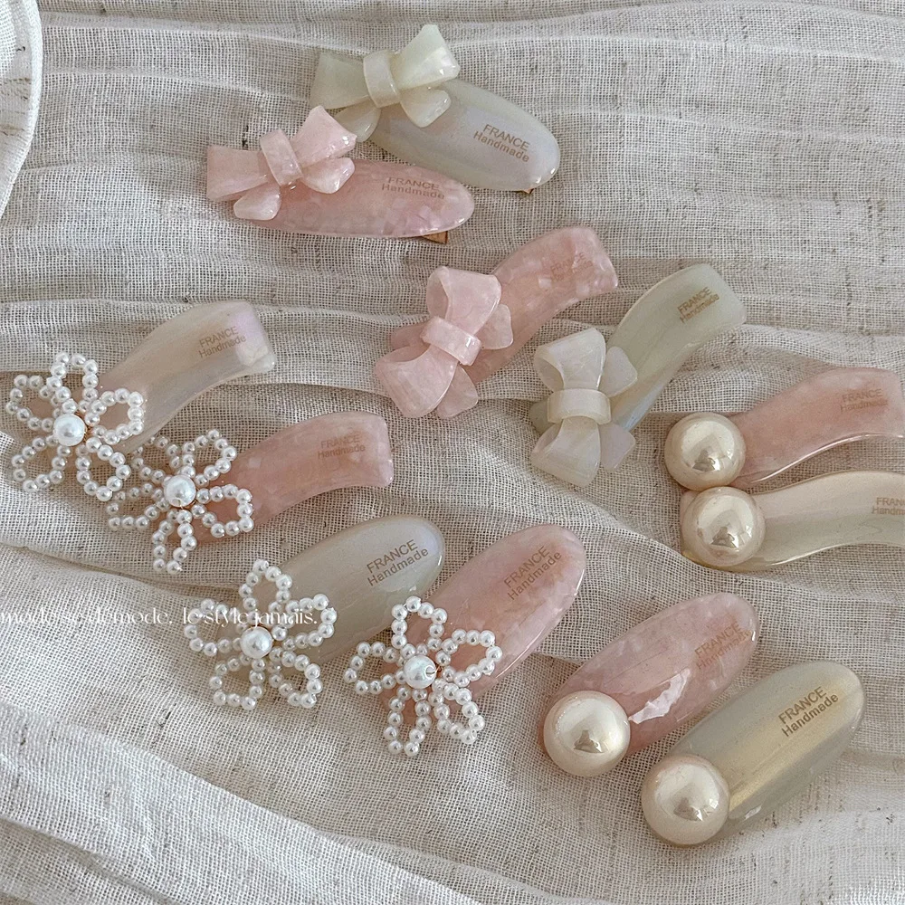 French Style Hair Clips for Woman Tender Pink Acetate Pearl Duckbill Clip Hair Ornaments