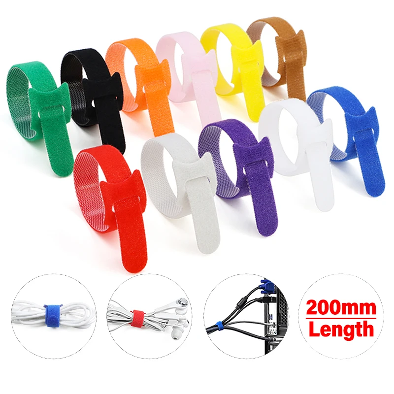 50 - 500Pcs T-Type Cable Ties 200mm Reusable Fastener Hook and Loop Wire Tie Adjustable Cable Straps Organizer Fastening Tape