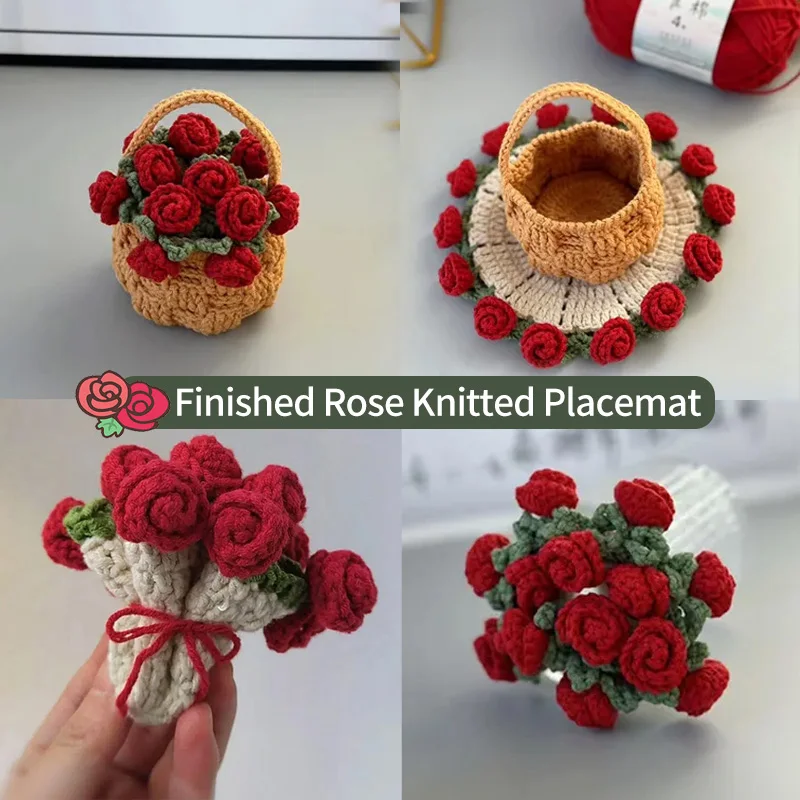 Hand Crocheted Rose Flower Coaster Set, Heat Insulation & Non-Slip Table Mat, Creative Handmade Gift & Kitchen Home Decor