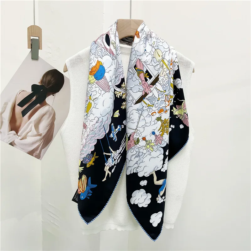 88×88cm 18MM 100% Silk Twill Scarf For Women Luxury Brand Double Sides With Different Design Square Size Shawls And Wraps Autumn