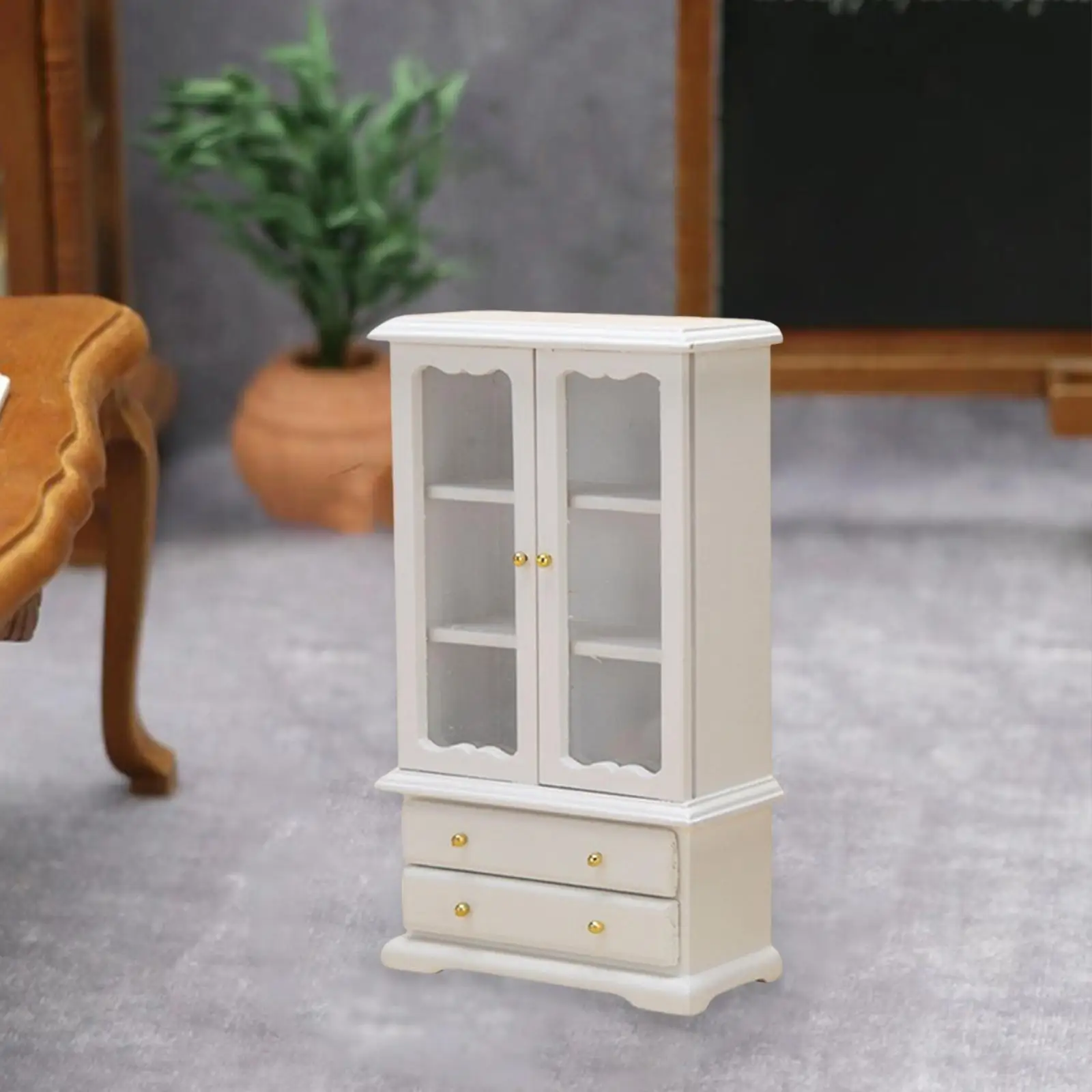 1/12 ตู้หนังสือบ้านตุ๊กตาพร้อมประตูคู่ เฟอร์นิเจอร์ไม้จิ๋ว สีขาว