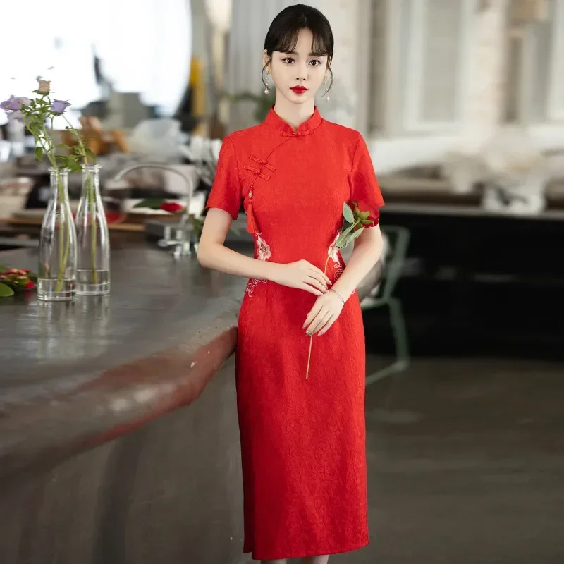 

2024 Improved Cheongsam Retro Chinese Traditional Qipao Red Dress Stage Performance New Year CNY Asian Dress