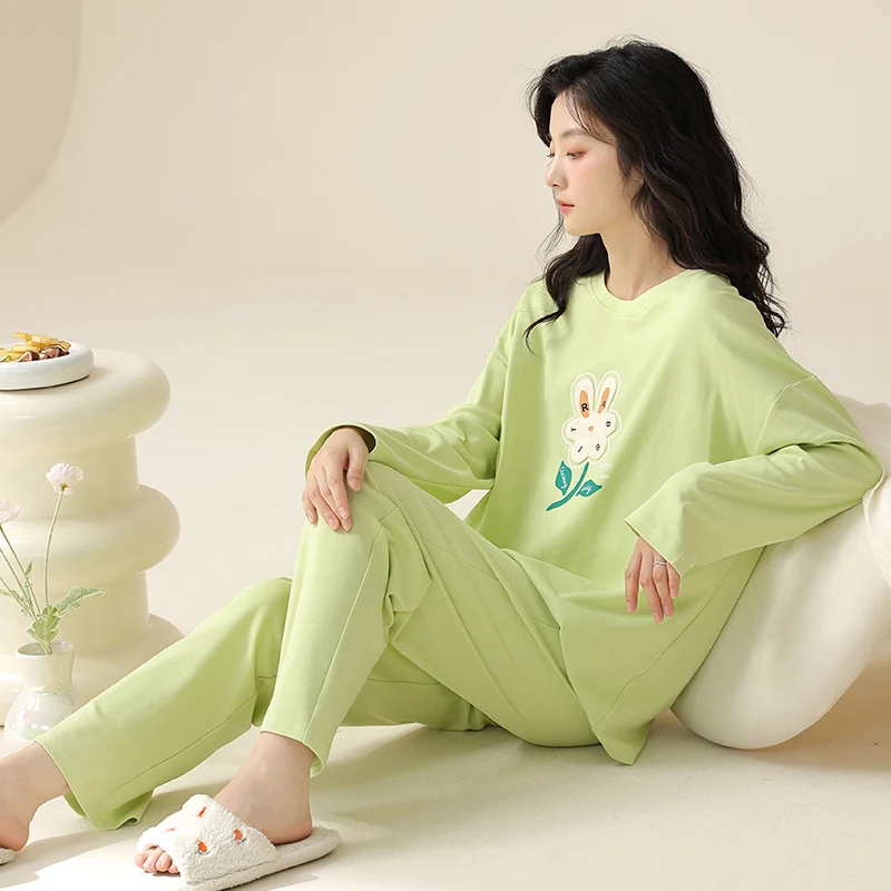 Cotton Spring and Autumn Women's Pajamas Round Neck Pullover Bright Color Comfortable Women's Home Furnishing Autumn Set