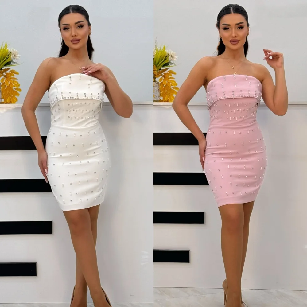 

Customized Formal Elegant Jersey Rhinestone Pleat Column Strapless Mini Dresses Bespoke Occasion Dresses Sizes Available Classic