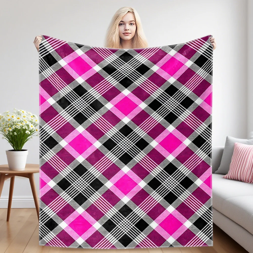 Hot Pink Tartan Warm And Soft Halloween And Christmas Sofa Decoration Gift With Flannel Blanket