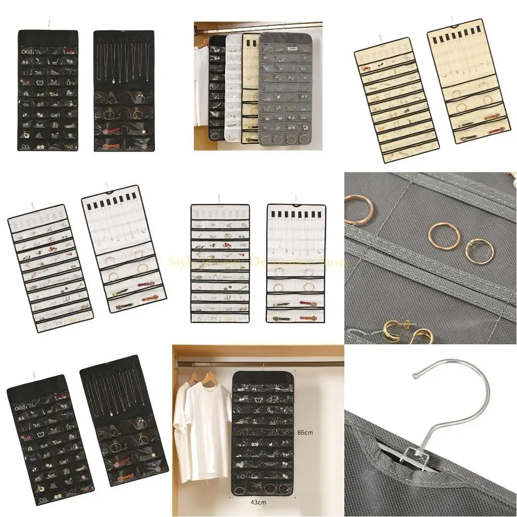 

D46E Space Saving Designs Double Sided Jewelry Hanging Organizers Wall Mounted Clear Pockets for Earrings and Necklaces