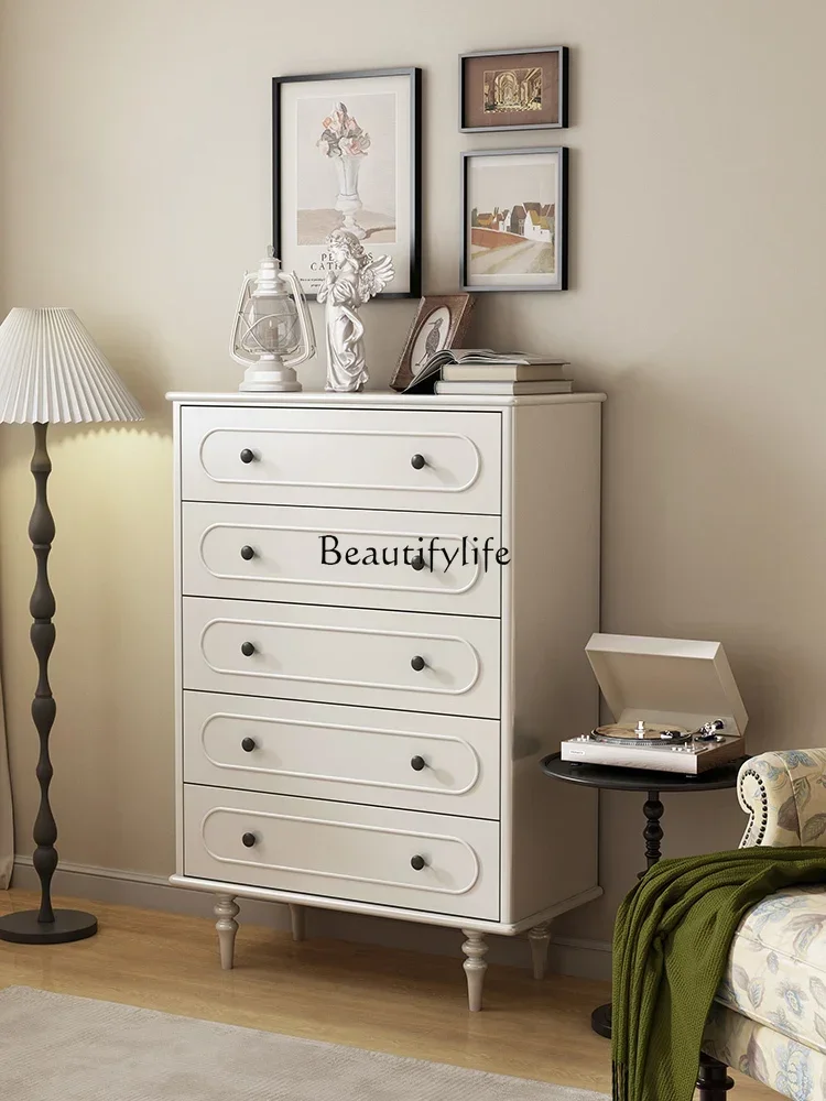 French cream chest storage living room against the wall bedroom bedside storage cabinet retro solid wood image 2