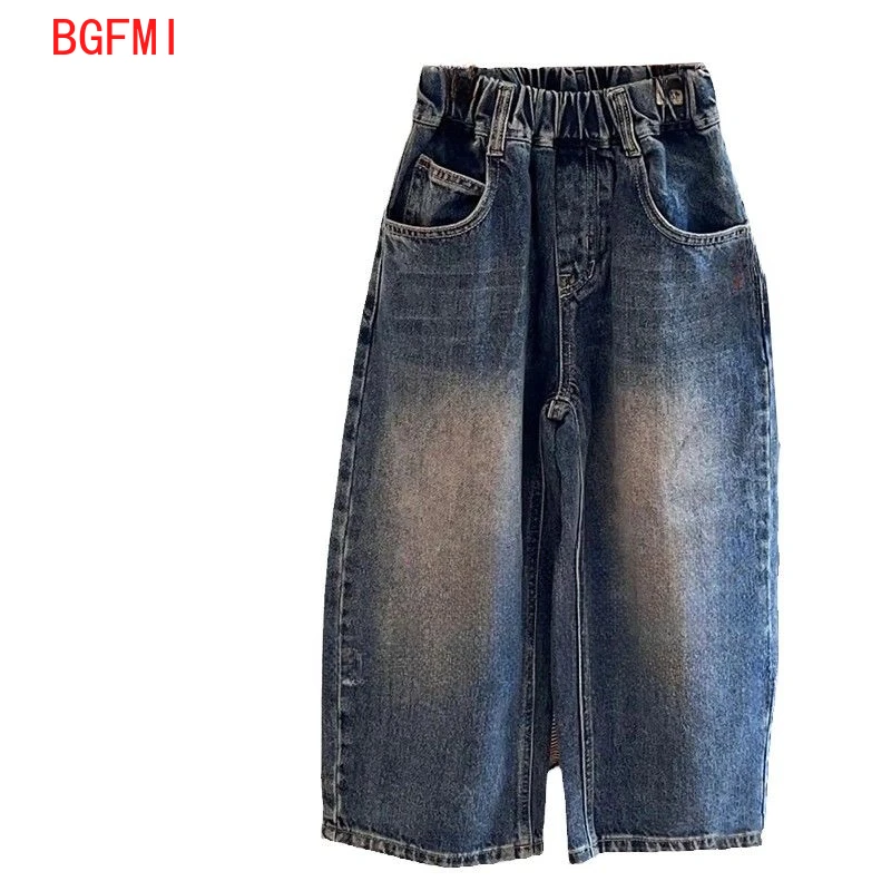 Korean Children's Fashion Jeans Pants 2025 Spring Fall Kids Clothes New Girls Retro Casual Bottom Cotton Wide Leg Pants 2-10Y