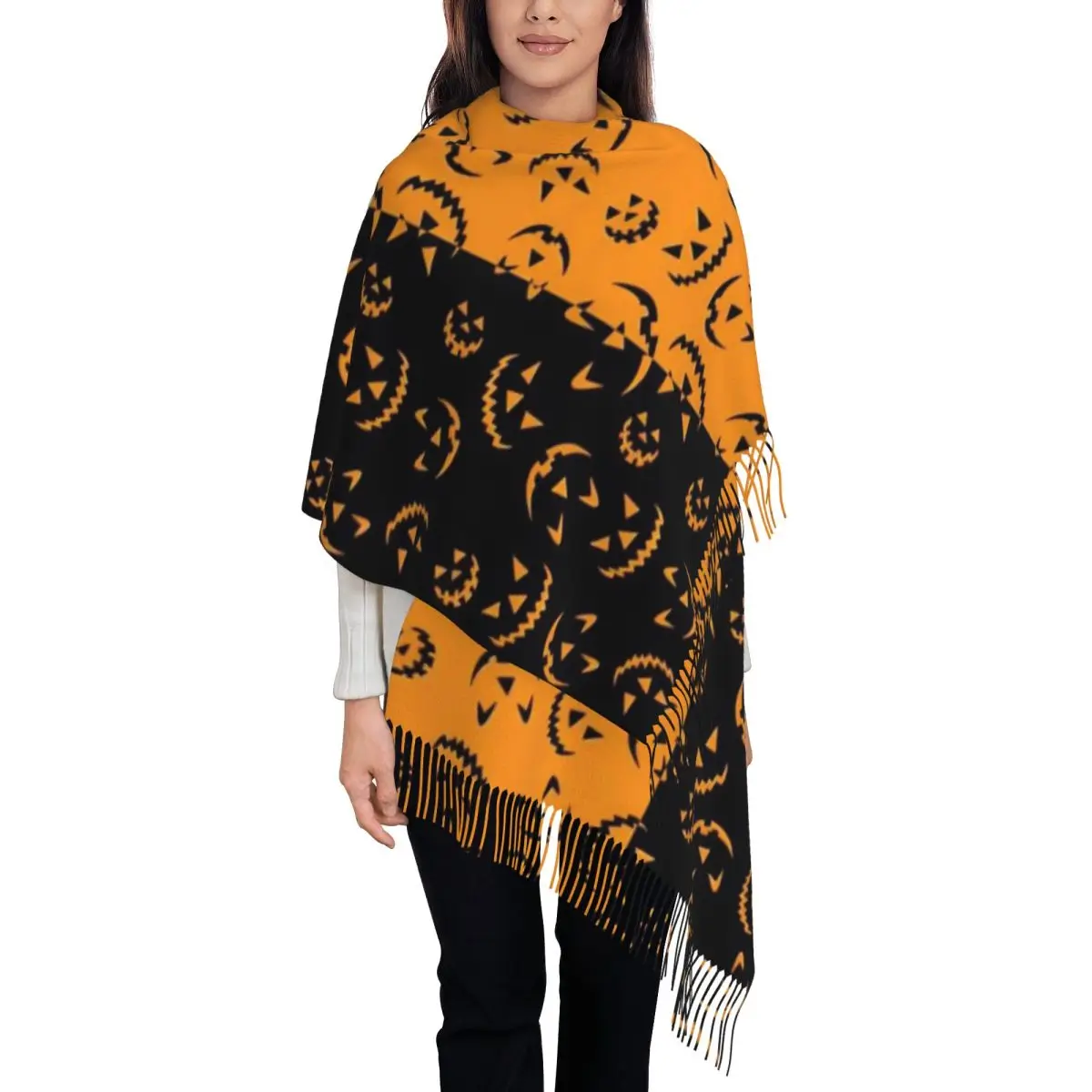Women's Tassel Scarf Horror Pumpkin Bat Halloween Single-sided Pattern Super Soft Shawl Wrap Daily Wear Pashmina Scarves