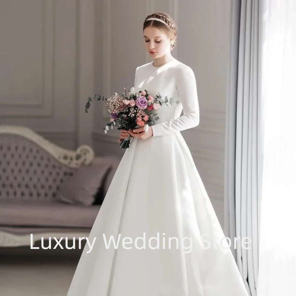 2024 Simplicity Elegant Glamorous O-Neck Wedding Dress A-Line Long Sleeve Bride Dresses Satin Muslim Bridal Gowns Robe De Mariée