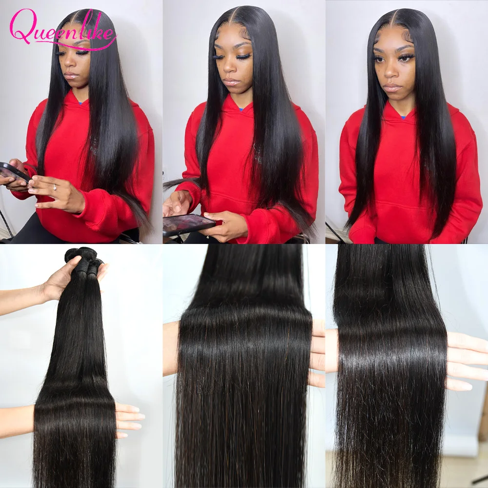 30 40 Inch Straight Human Hair Bundles With 4x4/5x5/6x6 Lace Closure Brazilian Weave 3 Bundles With 13x4 Frontal Closure Remy