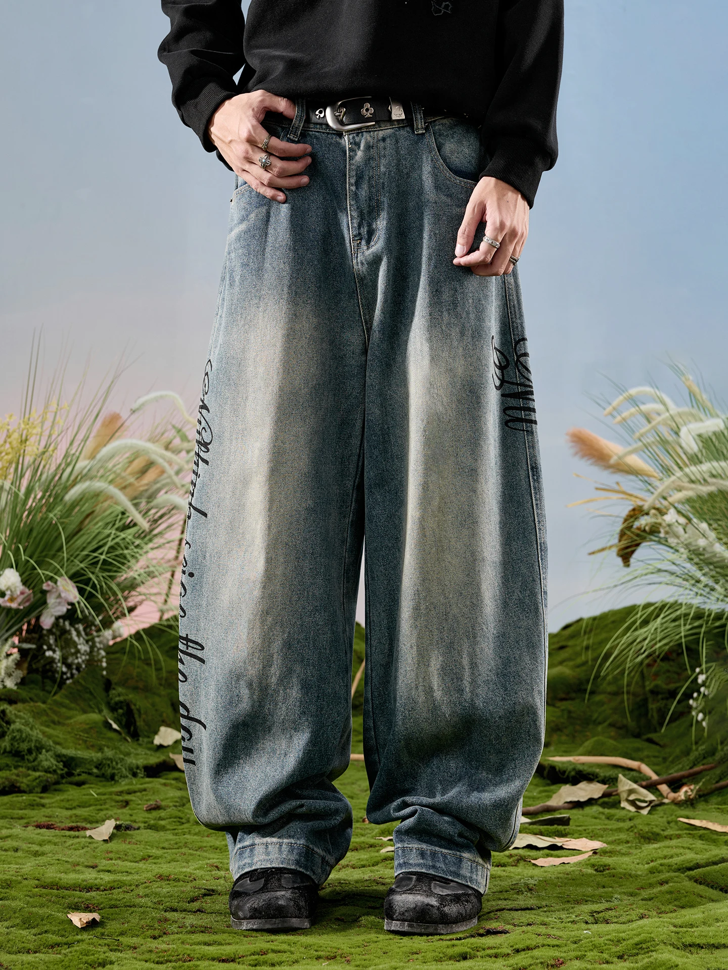 

Мужские джинсы Nuthink American Retro Thiened Fce Lettering, свободный крой, весна 2026, повседневные, прямые штанины, смесь полиэстера и хлопка