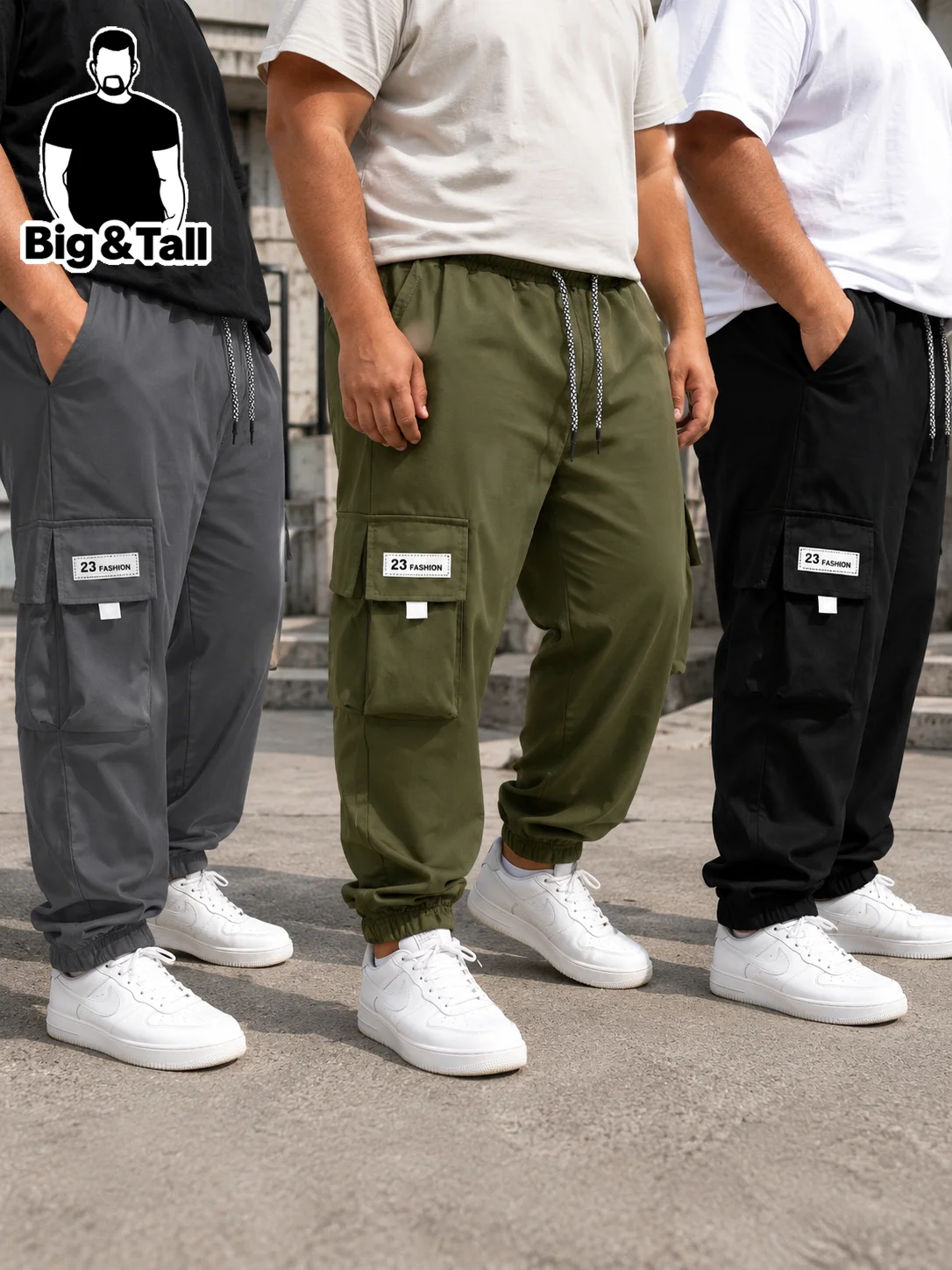 Large Size Men's Casual Work Pants Set of 3 with Diagonal Pockets Drawstring Design Lightweight Sport Style Straight Leg Comfort
