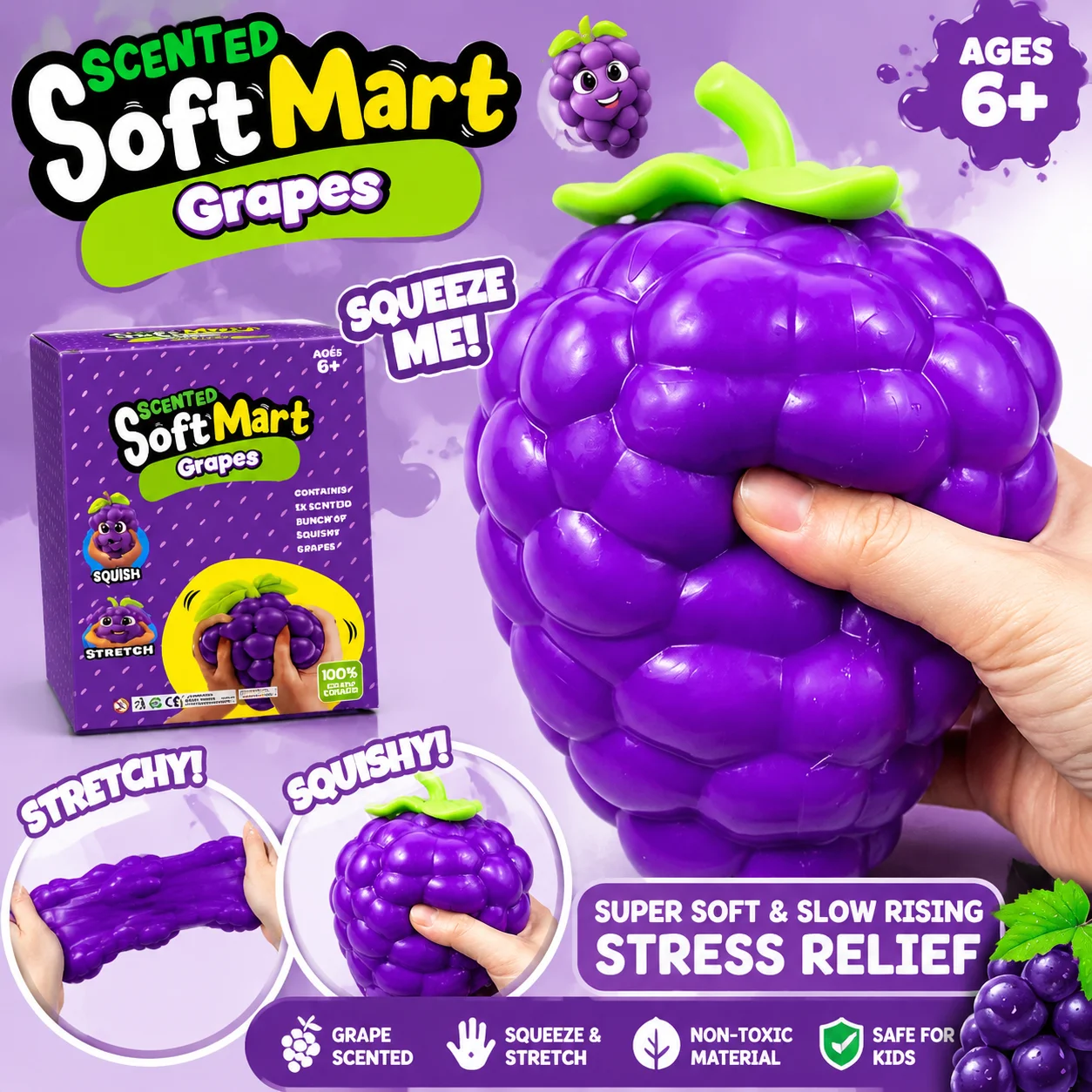 Soft Mart Jumbo Purple Grape Squishy Duftspielzeug aus TPR mit Mehlfüllung zur Stress- und Angstlinderung, langsam aufsteigendes sensorisches Spielzeug für Erwachsene.