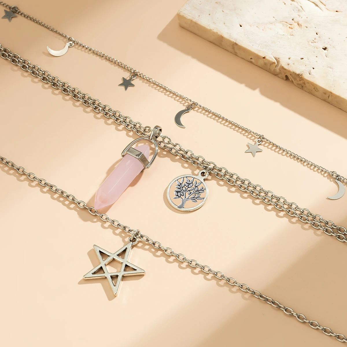 4Pcs Ethnic Pink Crystal Star Pentagram Pendant Choker Necklace for Women Elegant Moon Tassel Chain Party Jewelry Accessories